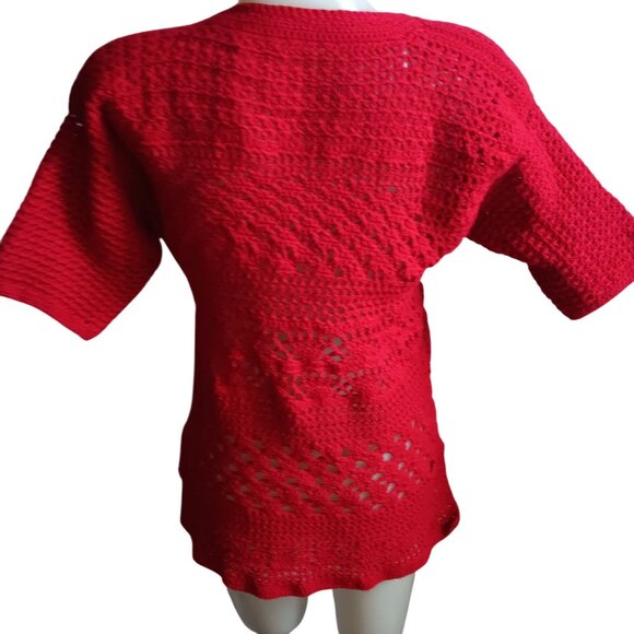 Medium Women's Crochet Top Handmade 1OF1 Vintage 1970's Red Floral Embellishment - Picture 3 of 8